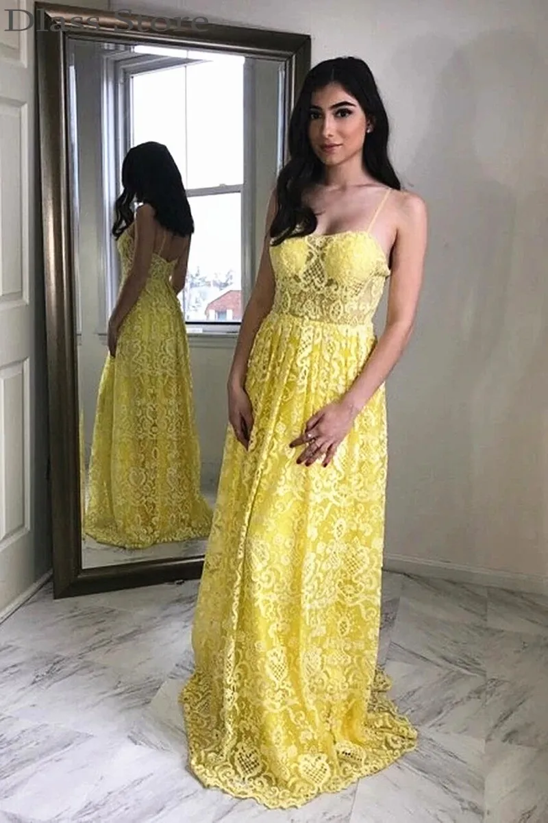 

Yellow Evening Dress 2020 Applique Spaghetti Strap Lace Mermaid Floor Length Boat Neck Backless Prom Dress платья знаменитостей