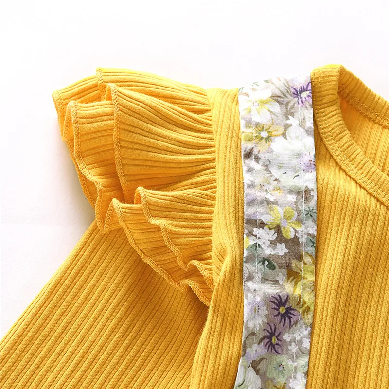 Детский комплект для девочек желтая футболка с длинными рукавами и оборками топы