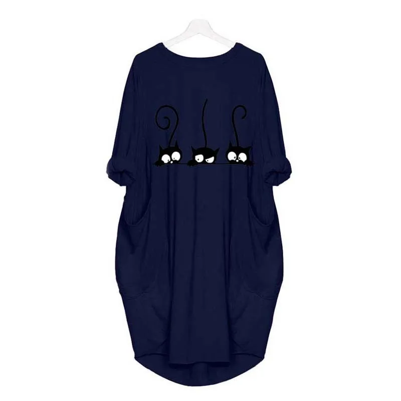 Осеннее платье для женщин с модным принтом кота круглым вырезом длинным рукавом