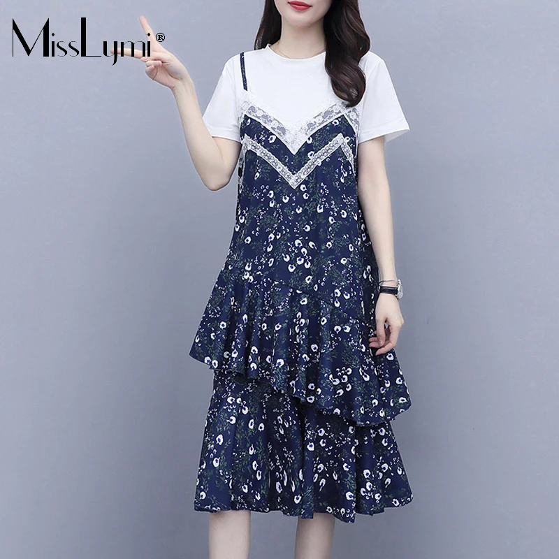

L-4XL Plus Size Women Print Floral Dresses Summer 2021 Loose Casual Catton Lace Patchwork Spaghetti Straps Ruffle Fringed Dress