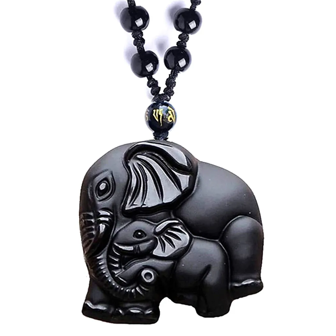 

Natural Obsidian Pendant Necklace Elephant Crafted Jewelry For Women Men Amulet Wealth Luck Gift Crystal Beads Adjust Rope Chain