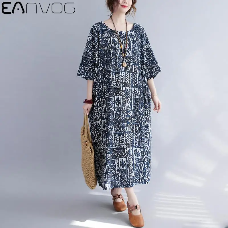 

Vintage Casual Summer Dress 2021 Cotton Linen Print Ladies Dresses for Women Long Oversized Pullover Dress