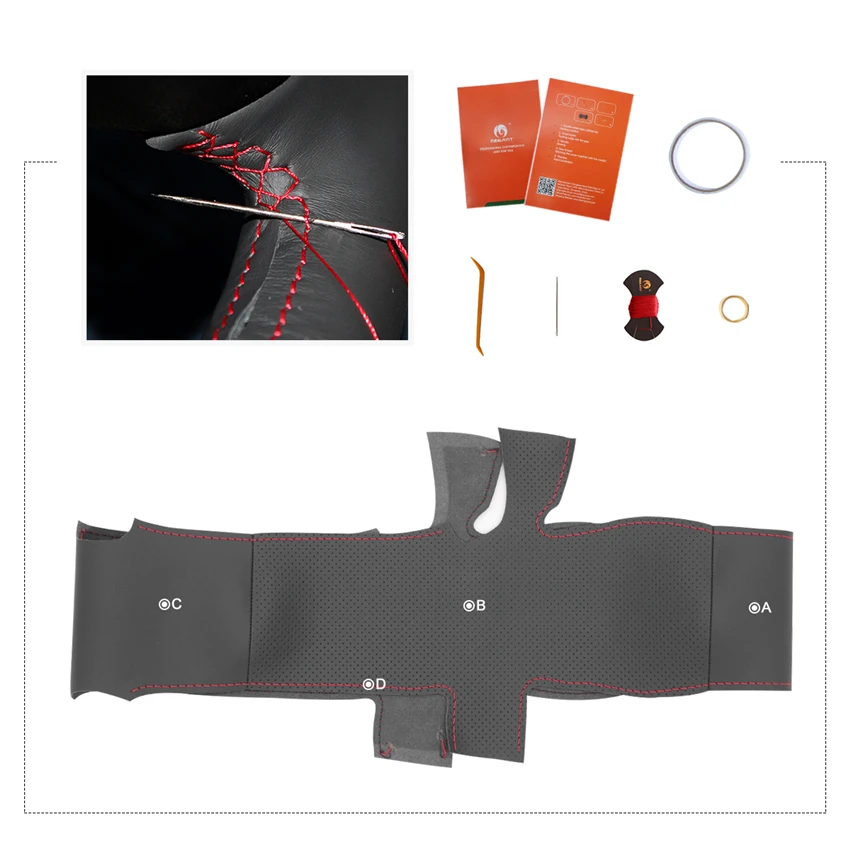 Черный искусственный кожаный ручной сшитый чехол рулевого колеса автомобиля для