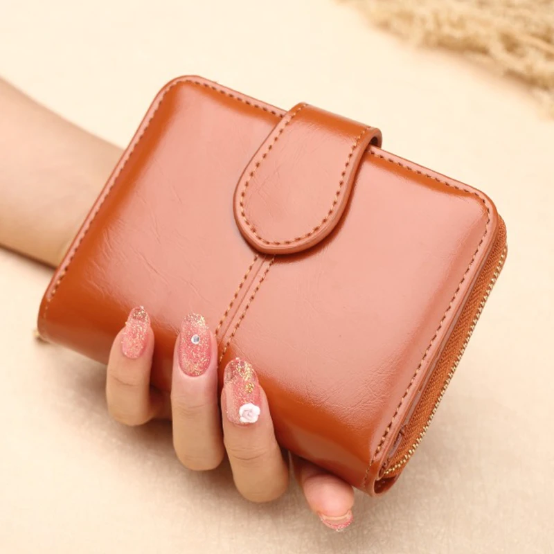 

New Wallet Short Tri-Fold Women's Coin Purse Oil Wax Leather Multi-Card Pocket Zipper Buckle Small Card Holder Casual Clutch
