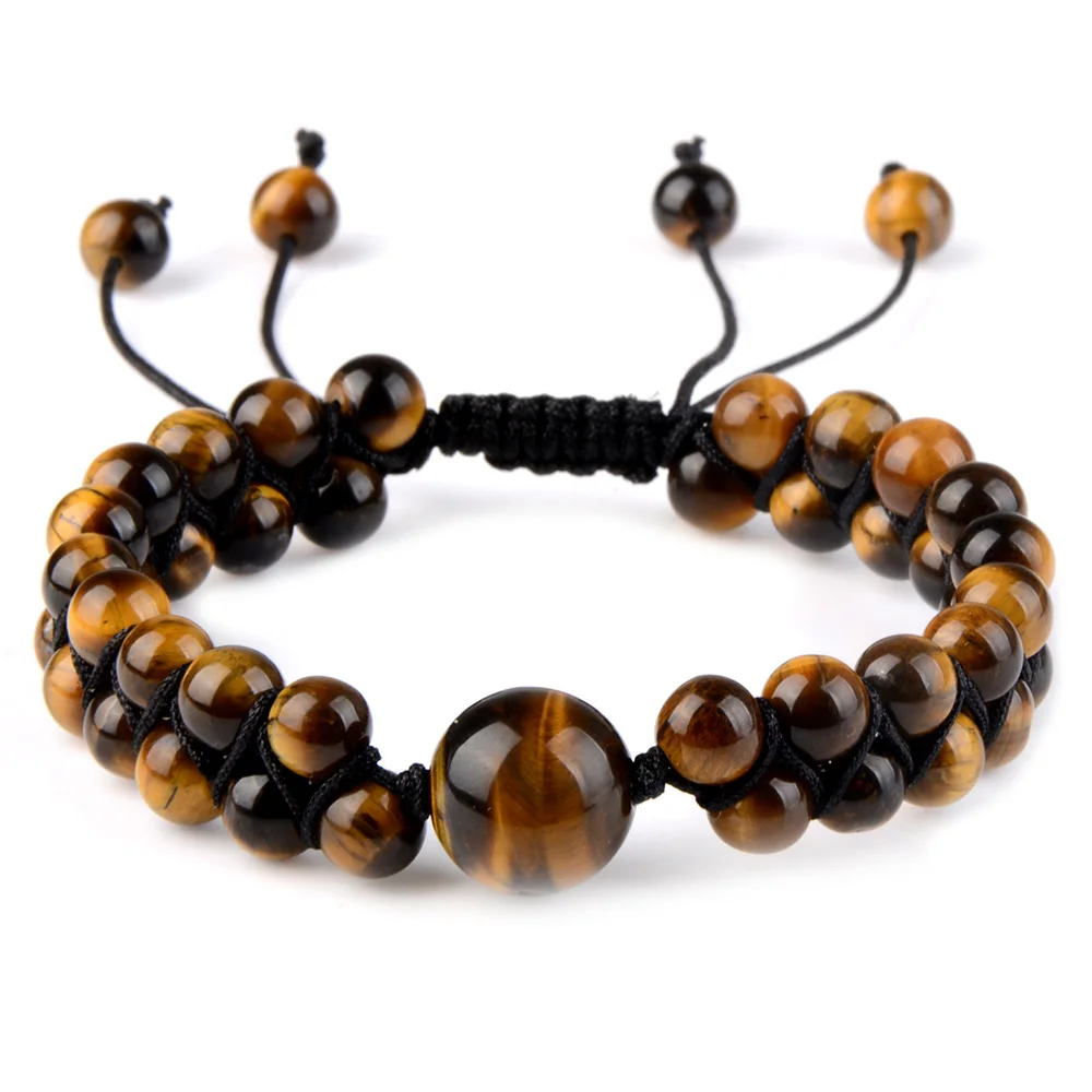 

Handmade Braided Double Natural Stone Bracelets 6mm&12mm Tiger Eye Turquoises Onyx Adjustable Energy Beaded Men Bracelet