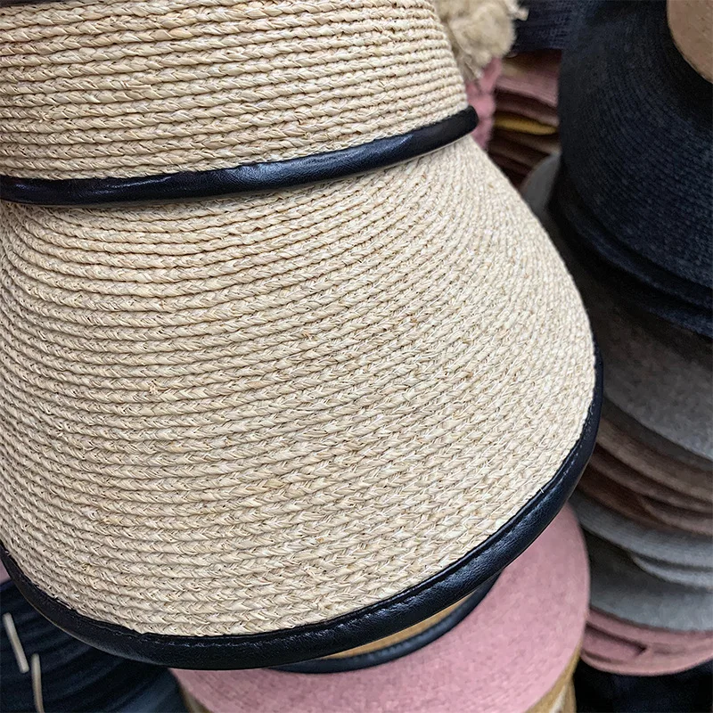 

New Natural Raffia Straw Handmade Summer Empty Top Hat For Women PU Leather Decoration Adjustable Viosr Viseira Hat Visera Muj