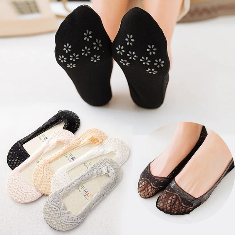 

3Pair Summer Style Boat Socks Lace Sexy Women No Show Invisible Socks Slipper Non-slip Antiskid Shoe Liner Shallow Mouth Sock