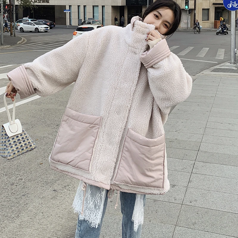 

FORYUNSHES Women Winter Warm Thick Parkas 2020 Autumn Korean Style Femme Lamb Fur Patchwork Double Side Wear Long Cotton Coats