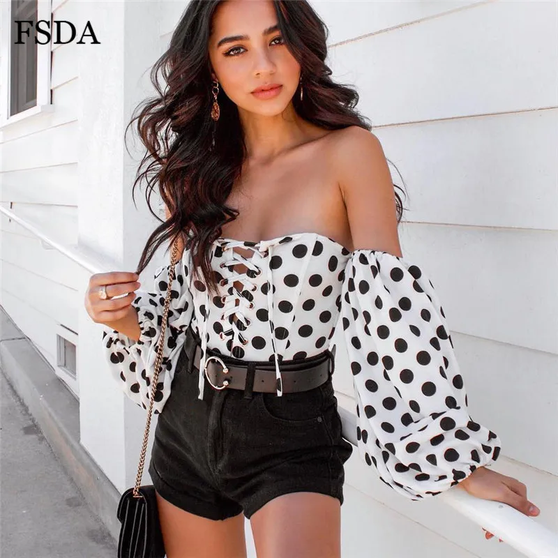 Женское боди в горошек FSDA белое повседневное Боди без бретелек с длинными