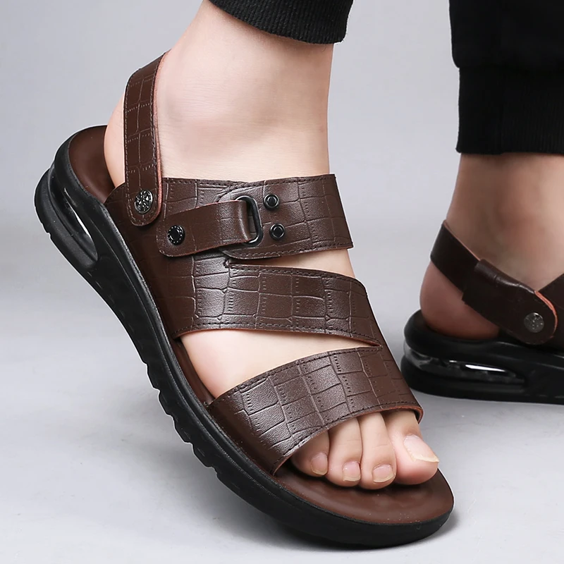 

2021 Cowhide Leather Men's Summer Shoes Sandals Casual Comfortable Beach Barefoot Sandals Loafers Pentoufle Homme Slipper Men