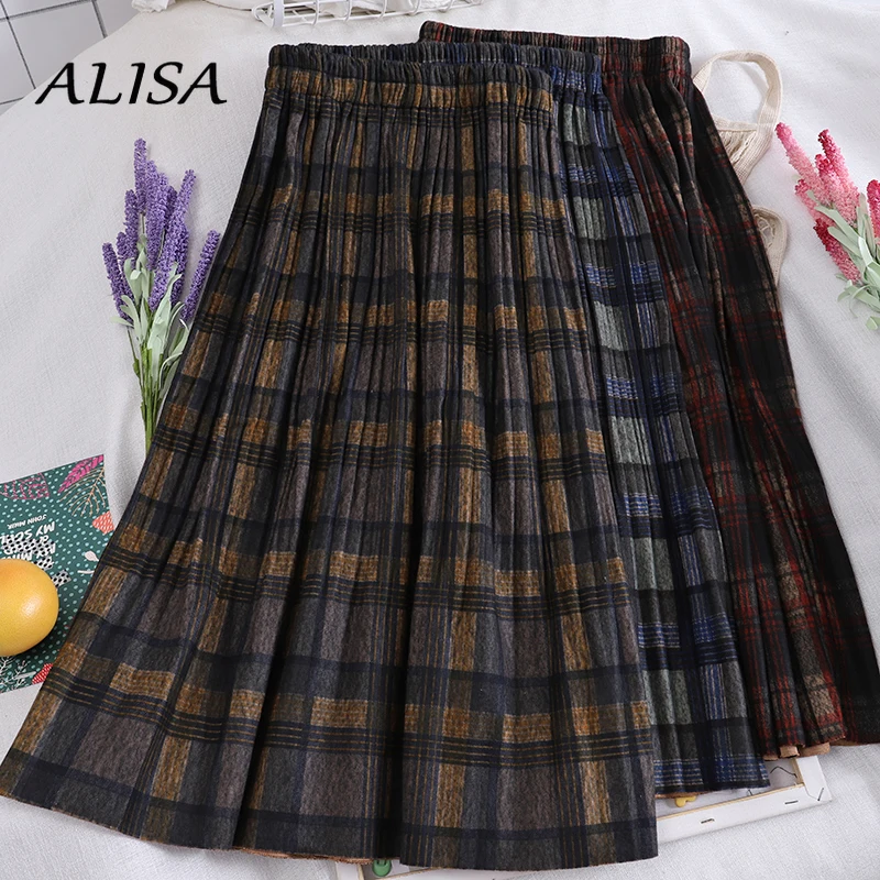

Autumn Winter Wool Skirts Women High Waised A Line Pleated Skirt Woman Vintage Plaid Elastic Waist Midi Skirt