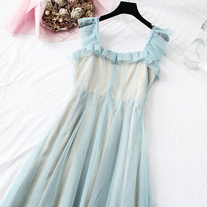 

Elegant Colorblock Mesh Dress 2020 new summer sweet long ladies Vestidos Korean High Waist A-line Dress L210