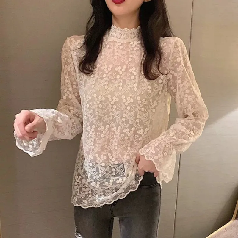 Женские газовые рубашки прозрачная пикантная блузка со стоячим воротником