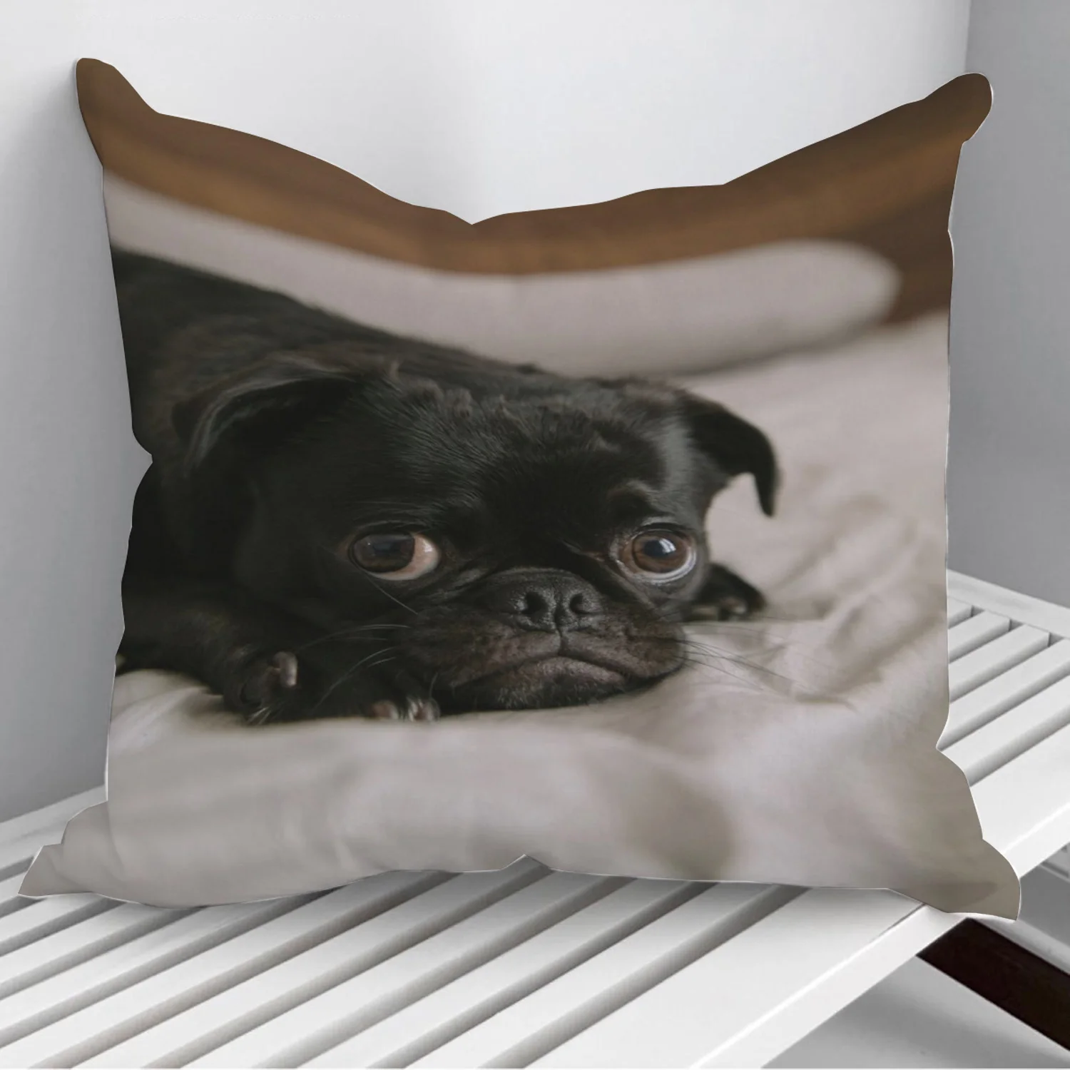 

Black adorable pug on bed Throw Pillows Cushion Cover On Sofa Home Decor 45*45cm 40*40cm Gift Pillowcase Cojines Dropshipping