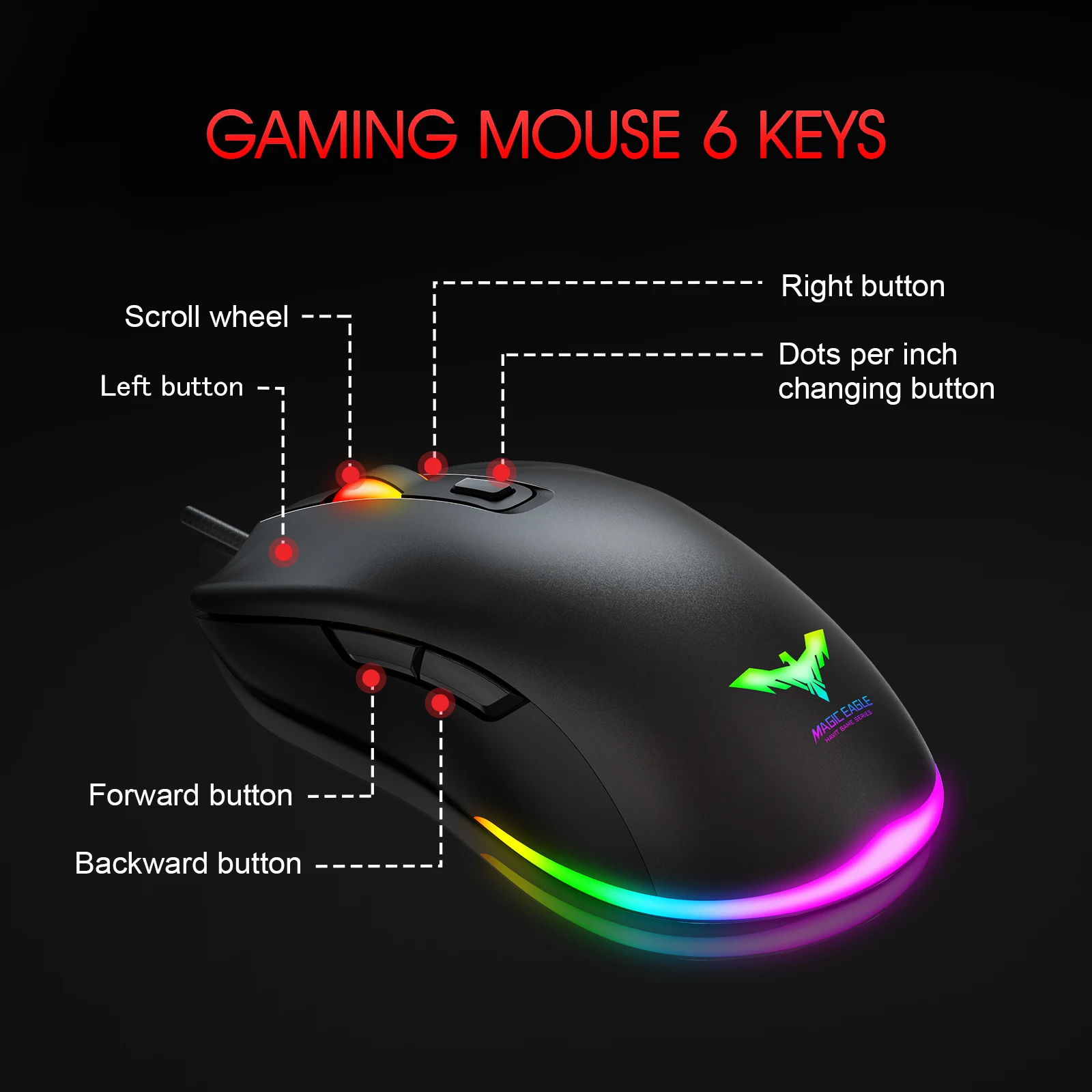 Проводная игровая мышь Havit USB Регулируемая DPI 6400 с 7 RGB подсветкой геймерская для