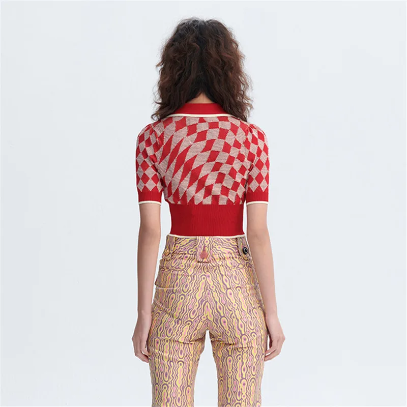 

2020NEW fashion lapel slim-fit crop top, summer crocheted openwork knitted cardigan embroidered double-breasted women's T-shirt
