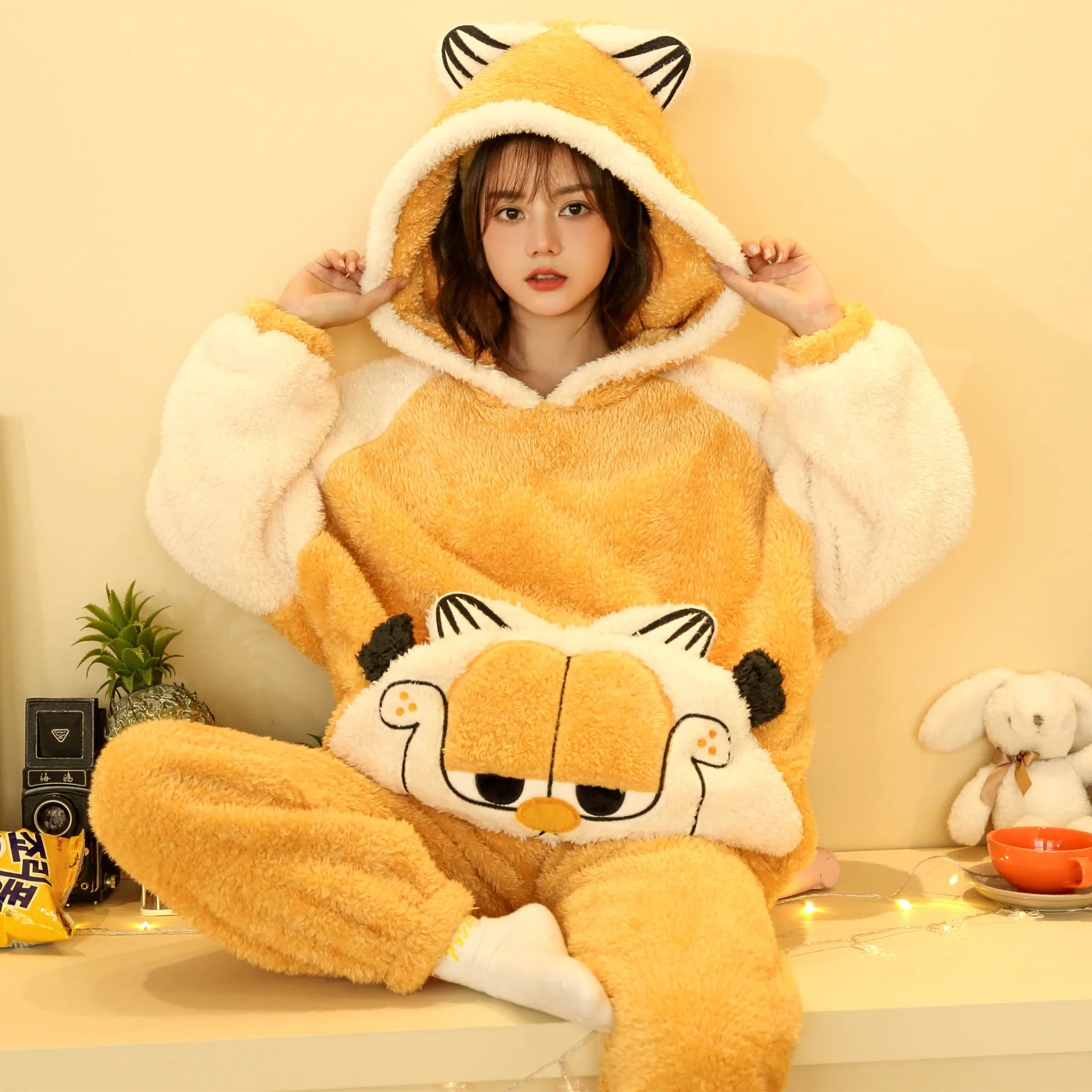 Winter Women Pajamas Sets Thicken Soft Warm Cartoon Tiger Hoodies Adult Sleepwear Korean Loose Pyjamas Homewear