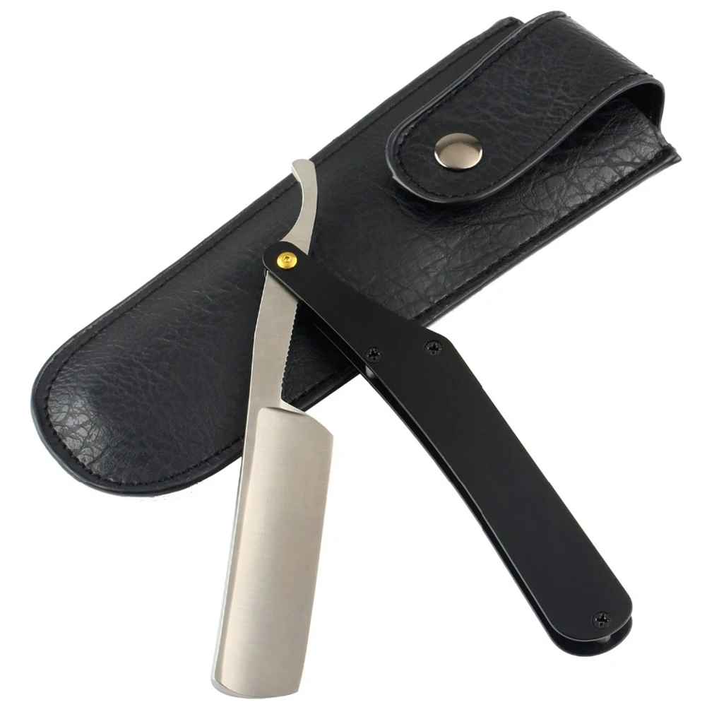 

Stainless Steel Barber Straight Razor Black Handle with Quality Artificial Leather Pouch for Men's Folding Shaving Knife