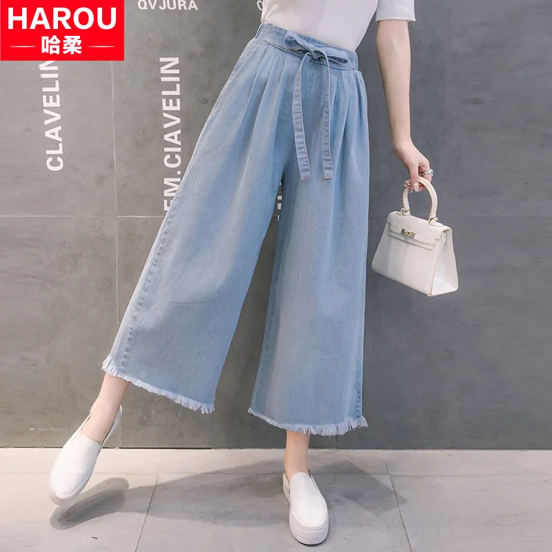 

Джинсы-брюки женские с широкими штанинами, свободные тонкие укороченные штаны для учеников младшей и старшей школы, одежда на лето-осень