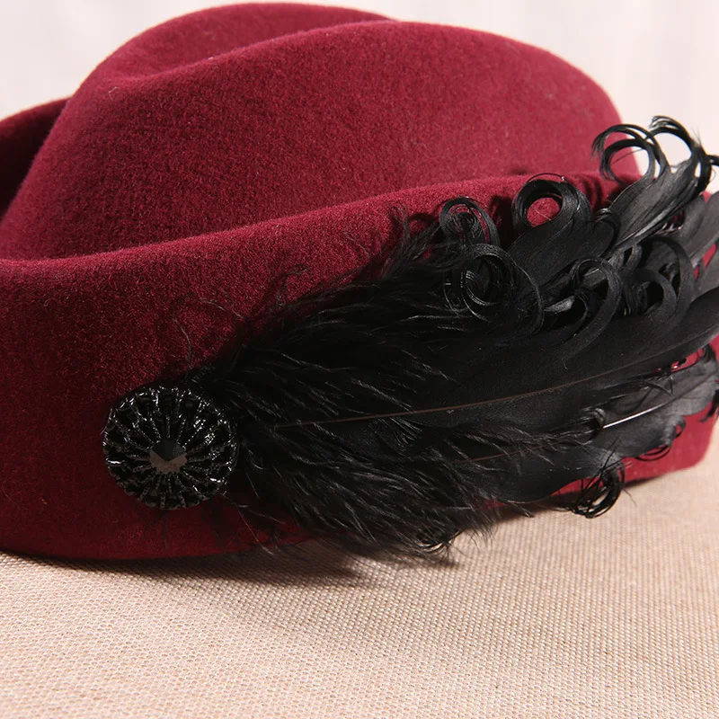 Women Elegant Feather Fascinator Hat Cocktail Beret Cap Lady Wedding Party Church Hair Accessories Wool Felt Pillbox | Аксессуары для