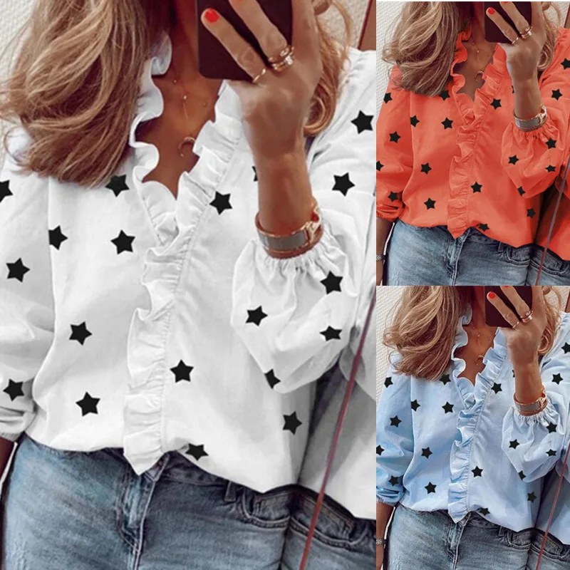 Bikoles Spring Autumn Sexy Deep V Neck Ruffles patchwork Women's Shirt Fashion Five Pointed Star Print  Office Lady Blouses Tops