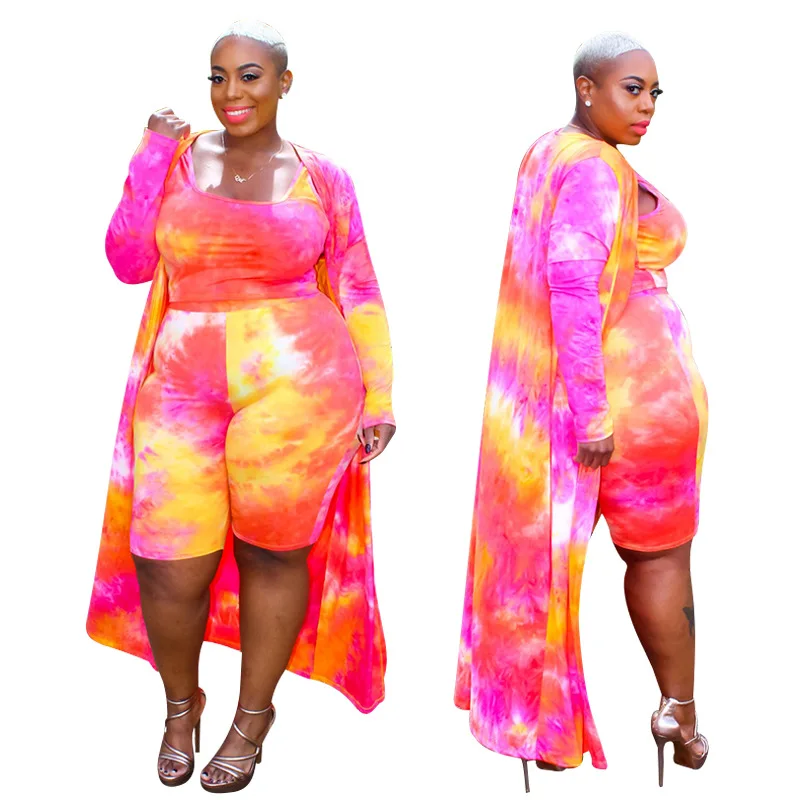 

Tie-dye Printing Women Three Piece Sets 2021 Autumn Plus Size Square Collar Vest + Skinny Shorts + Ankle-length Cardigan Outfits