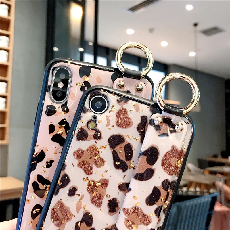 Модный чехол с леопардовым принтом из золотой фольги, блестящий ремешок на запястье, чехол для iPhone 11, подставка, держатель, чехол для iPhone 8 Plus X XR Xs Max 6 7