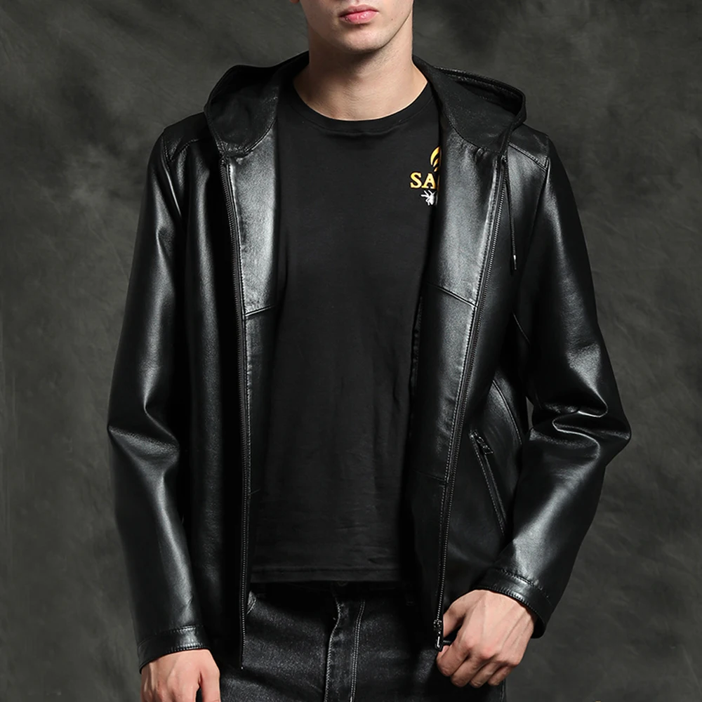 Новая кожаная куртка с капюшоном Мужская короткая верхняя одежда из овечьей кожи