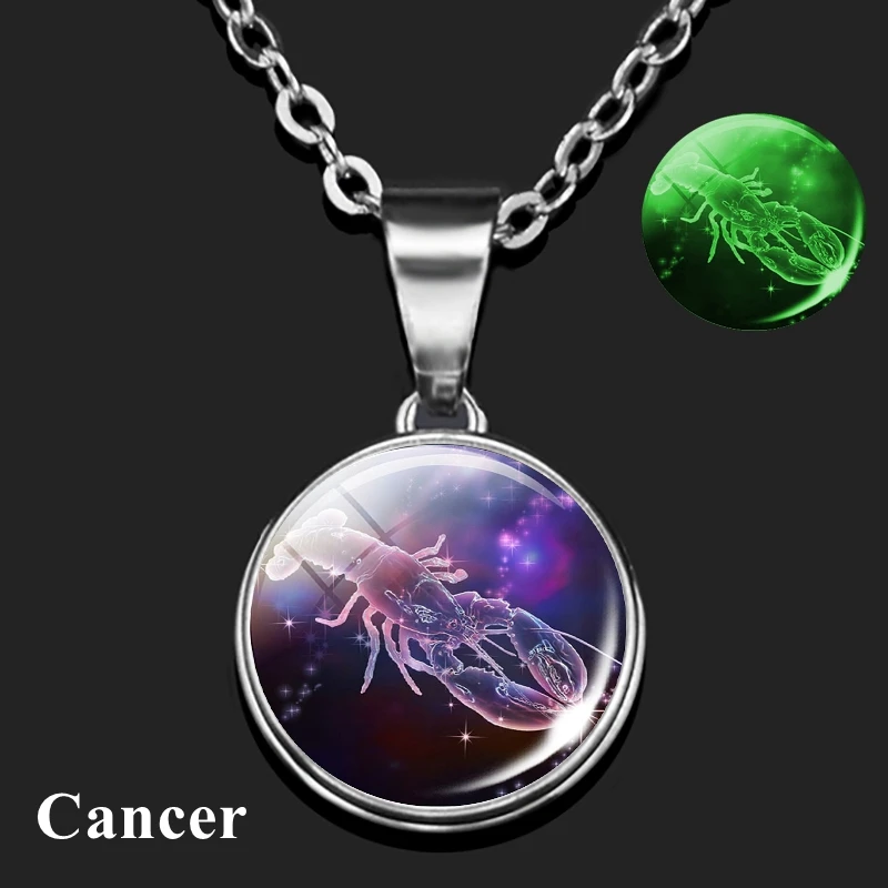 

12 Constellation Luminous Necklace Zodiac Sign Pendant Glass Snap Button Astrology Jewelry Birthday Gift