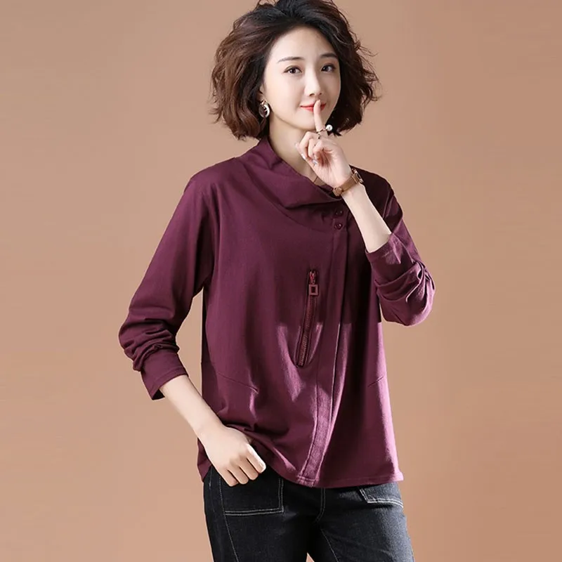 

Plus Size Women Long Sleeve Cotton T-shirts New 2020 Autumn Korean Style Vintage Turtleneck Loose Ladies Casual Tops Tees S2032