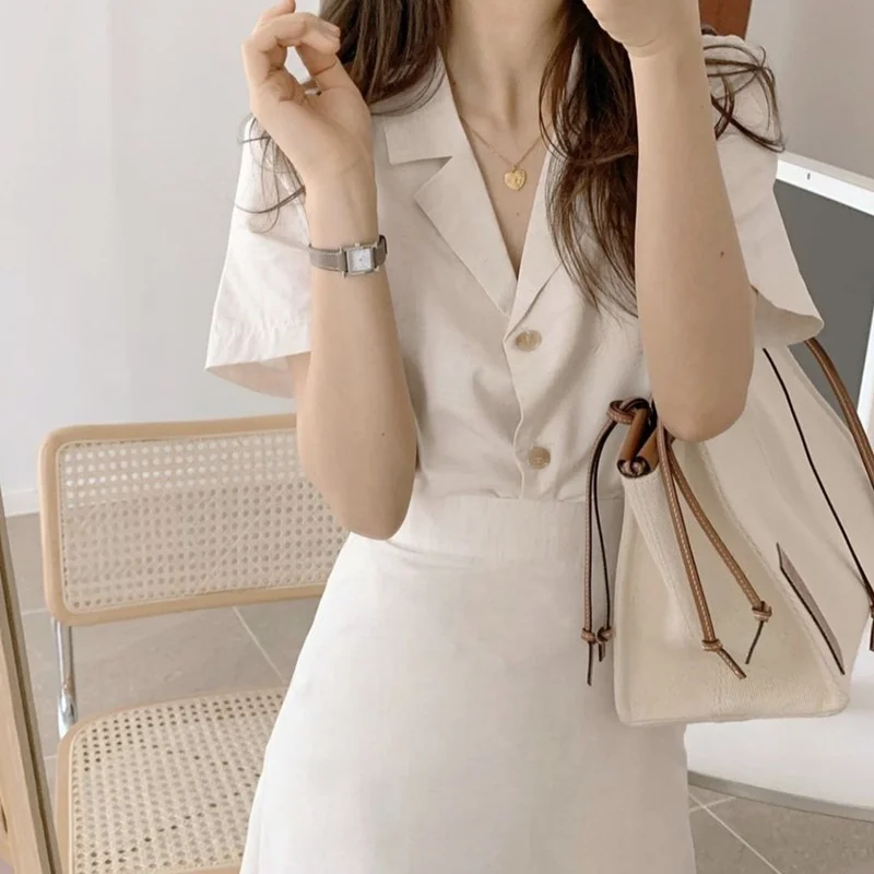 Office Lady Commute Skirt Two Piece Women Set Short Sleeve Single Breasted Turn Down Collar Top and High Waist A-line Skirt Suit