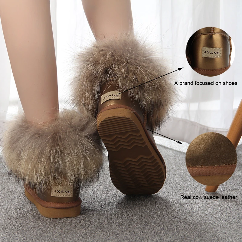 JXANG/модные зимние ботинки на толстом натуральном лисьем меху Женские из 100%