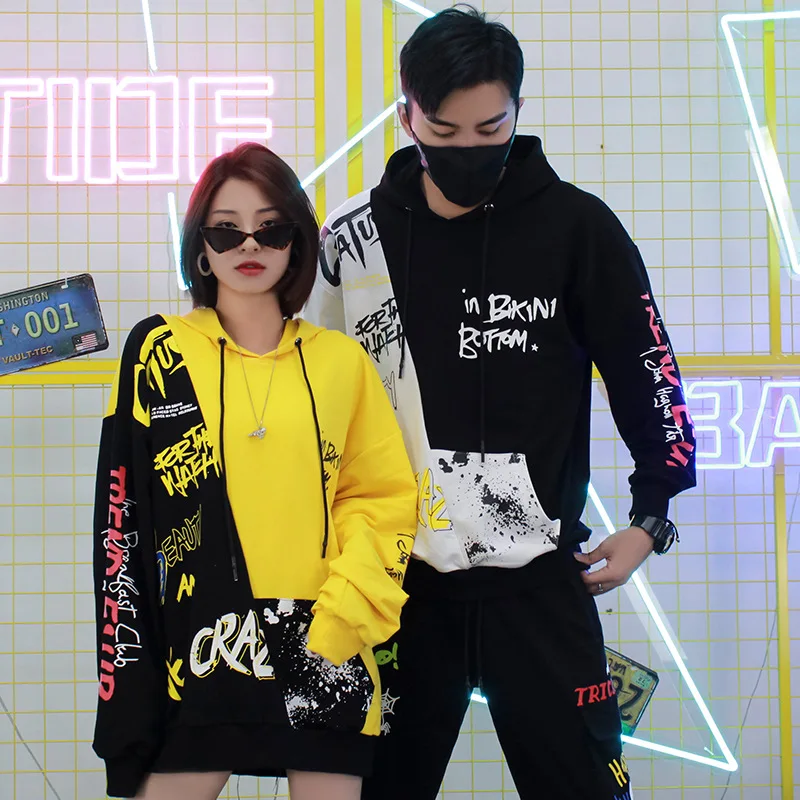 2021 Street Fashion Couple Clothes Stitching Color Sweatshirts Oversized Hoodies Printing Long Sleeve Jacket Spring And Autumn