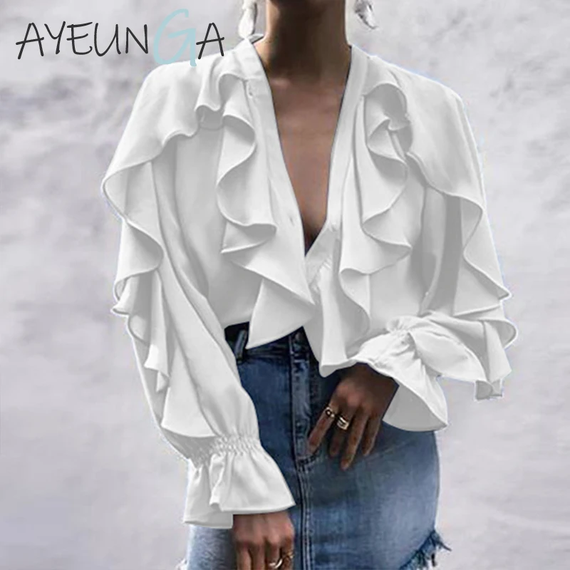 Женские топы и блузки с оборками v-образным вырезом модные шифоновые сексуальные