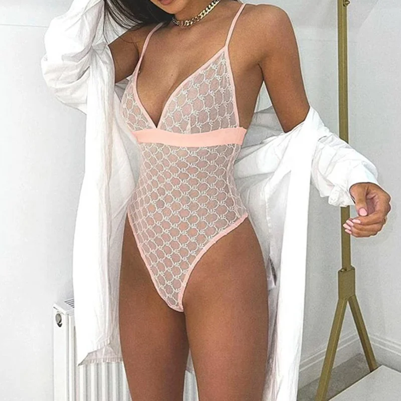 

Women Lace Bodysuit V Neck Ladies Fashion Black Hollow Out Sexy Ladies Cami Bodysuit Body Femme 2021 Summer