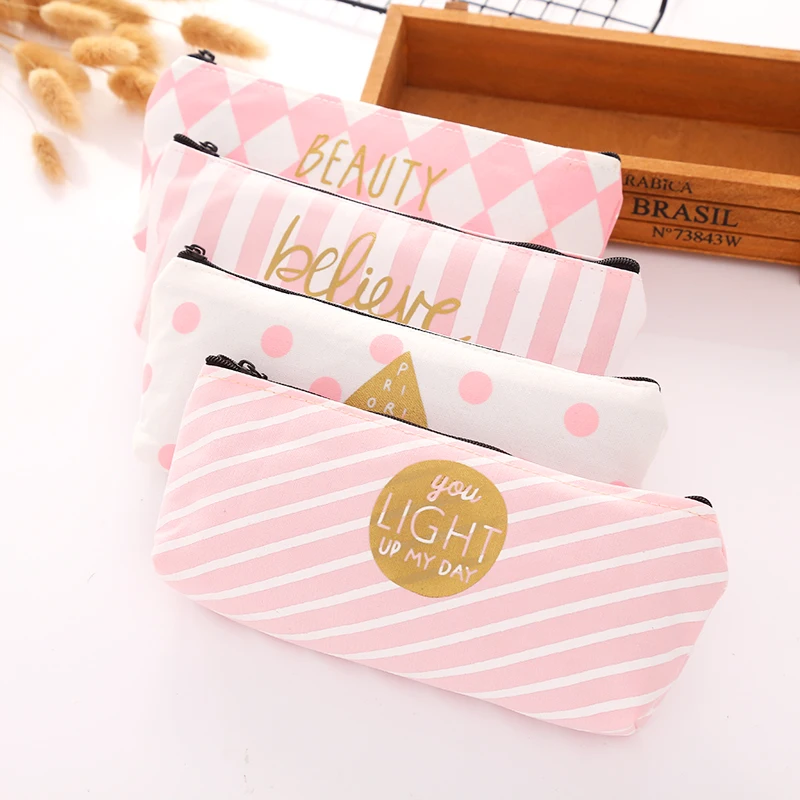 1pc Pink Stripe Pencil Case for Girls Canvas Bag School Supplies Office Accessories Chancery Stationery Pen Storage | Канцтовары для