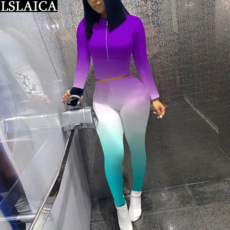 

Outfits for Women Matching Sets Long Sleeve Sweatshirt Front Zip Woman Pants Tie Dye 2 Piece Fashion Fitness Sport Set Women