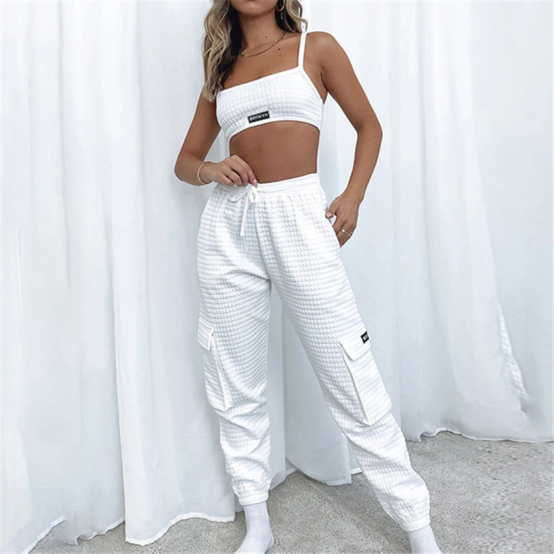 

Женский спортивный костюм из двух предметов, повседневный топ на бретельках с принтом и брюки с высокой талией, лето 2021