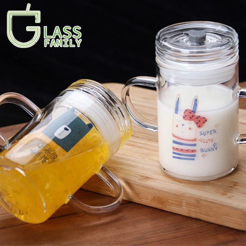 

GF 250ml Kids Milk Glass Cup with Scale Double Handles Children Juice Cup Microwave Heat-resistant Leakproof Drinking Glasses