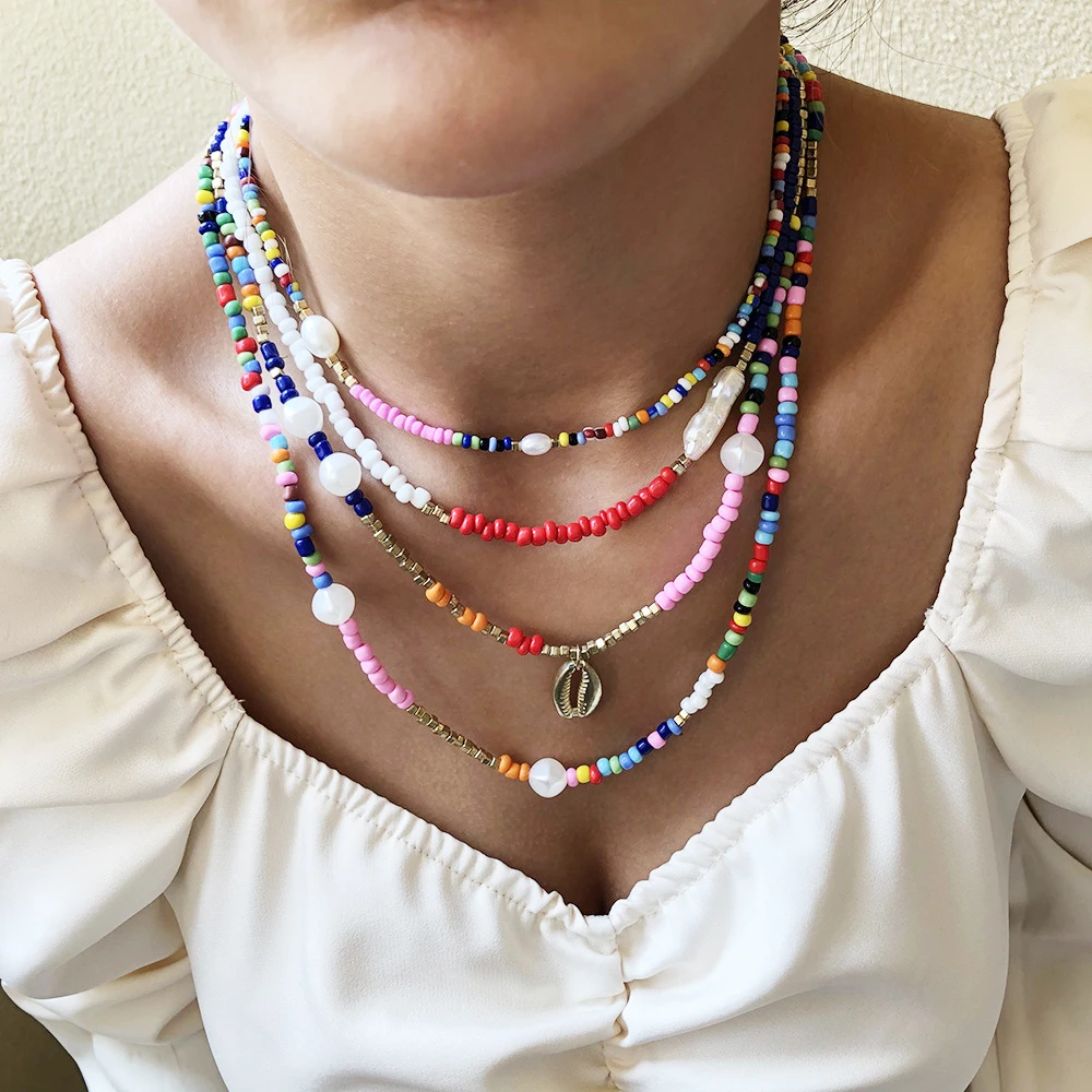 

WG Bohemian Rice Bead Necklace Fashion Ethnic Style Imitation Pearl Clavicle Chain Alloy Necklace Pendant Jewelry