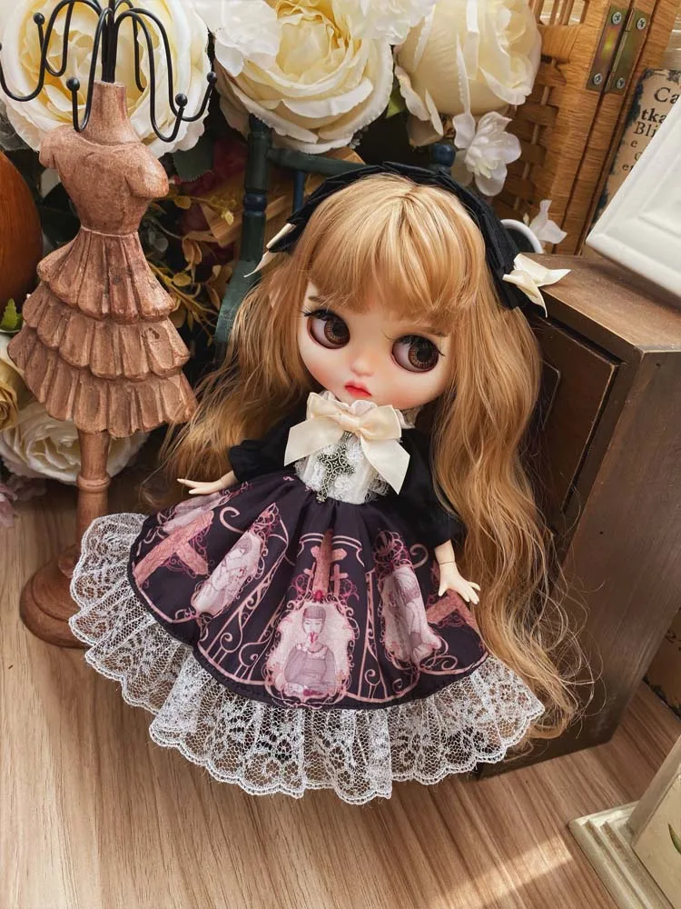 

Blyth Doll clothes dress + hair band Blyth small dress Lace doll accessories doll clothes OB24 black classic Court Retro Style