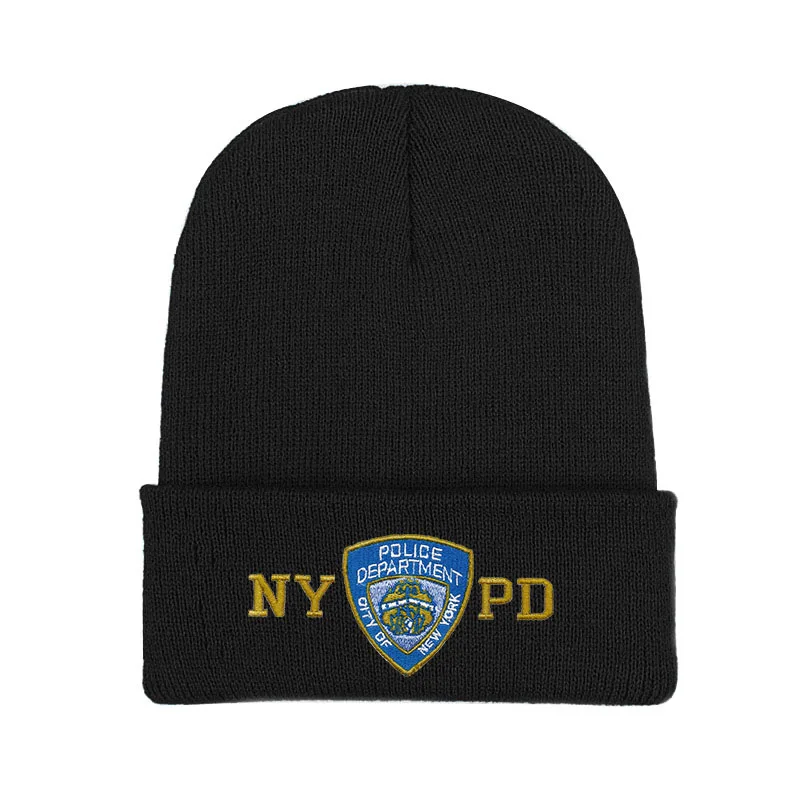Black NYPD полиция зимние теплые шапочки Skullies мужские Толстая шапочка шапки Мужская спортивная шапочка в стиле кэжуал двухслойная вязаная шапка - Цвет: Black