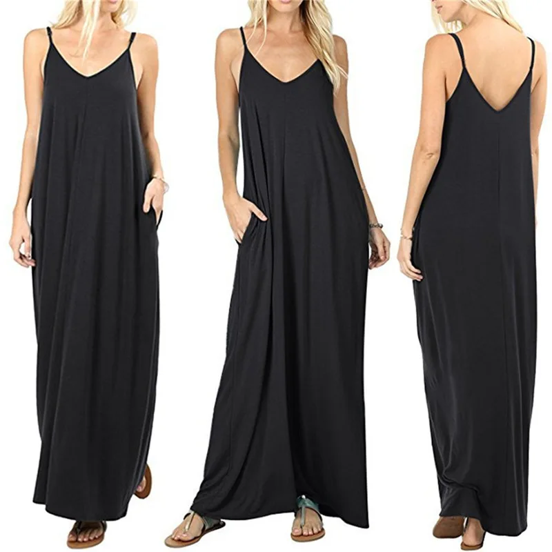 Sexy Women Maxi Dress with Pockets Loose Sling Dress Female Summer Sleeveless V-neck Vest Long Women Dresses Vestidos New