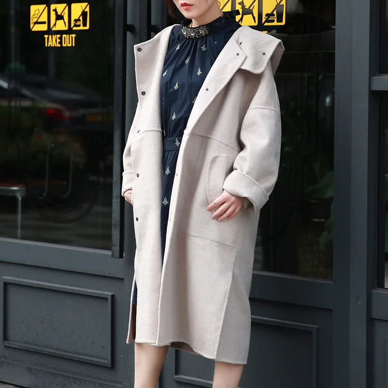 Женское пальто с капюшоном свободное двухстороннее шерстяное большого размера