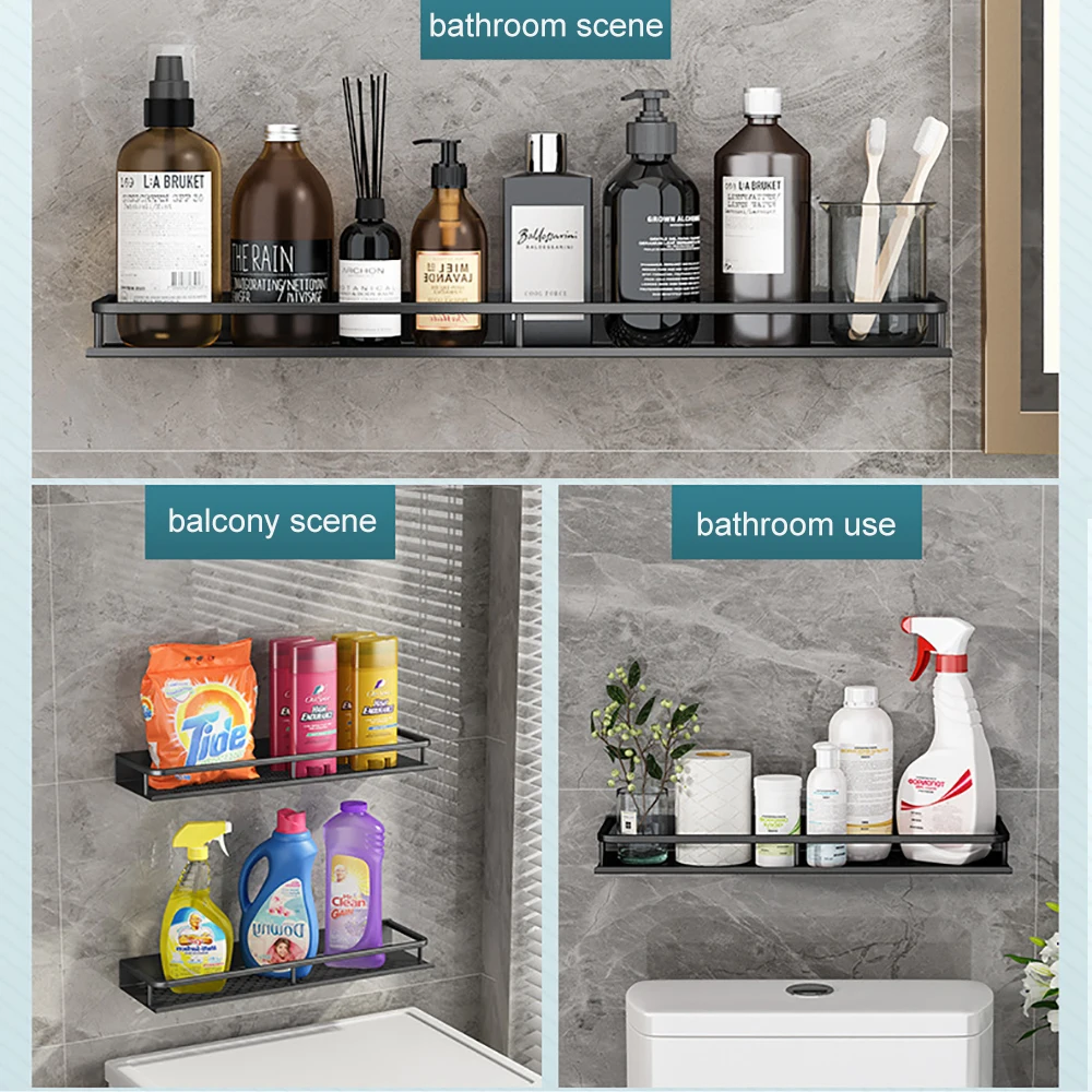 30 50cm black bathroom wall shelf without drilling rustproof aluminum storage rack for kitchen shower bathroom organizer free global shipping