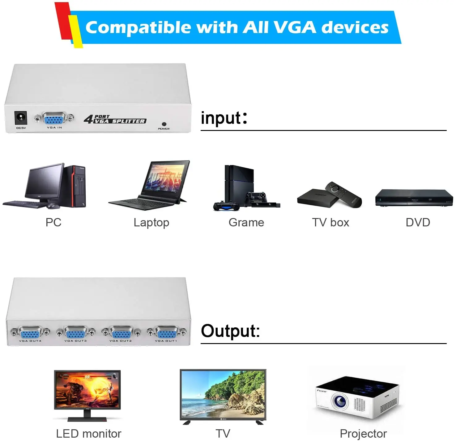 

1920 x 1440 VGA Splitter 1x4 one input 4 outputs for TV Projector