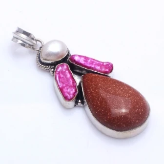 

Genuine Brown Sun Stone + Biwa Pearl Pendant Silver Overlay over Copper , 65 mm, P10114