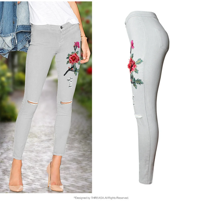 High Waist Leggins Jeans Pencil Pants Casual Stretch Skinny Ripped Flower Embroidery Denim Elastic Grey Jeggings Ladies Trousers | Женская