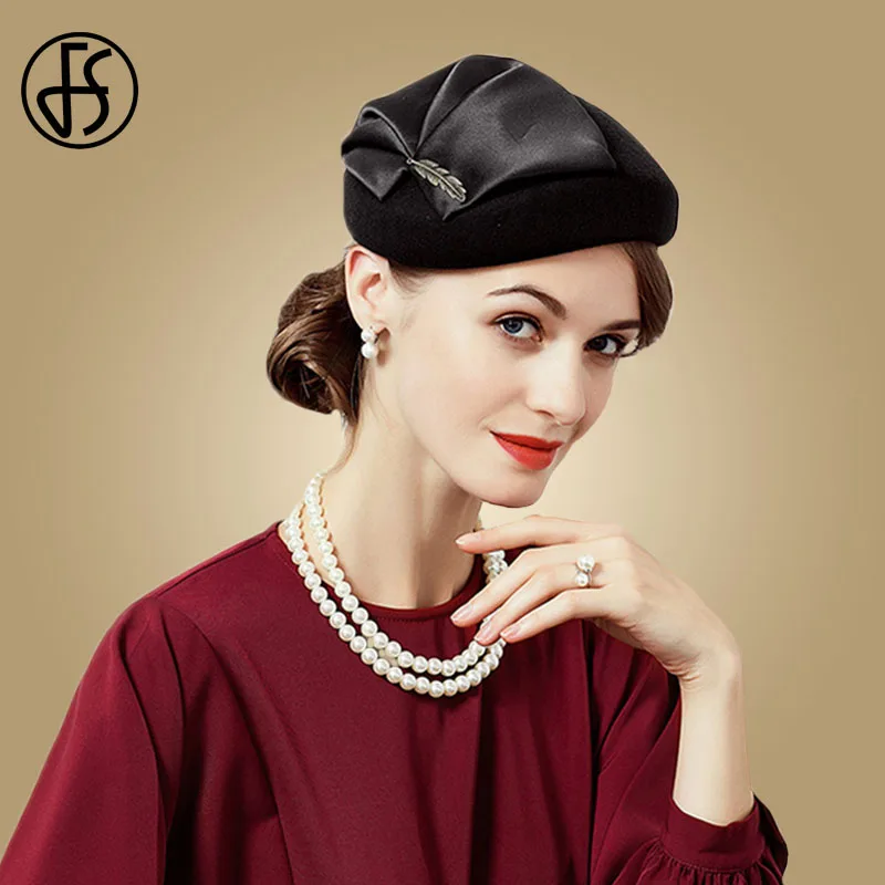 Black Pillbox Hat FS женские синие шляпы для свадьбы красные Шерсть Войлок с цветком Pillbox вуалетки женские элегантные церковные шляпы «Fedora» Sombreros - Цвет: Black Pillbox Hat