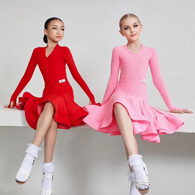 5 Colors Latin Dance Competition Dresses For Girls Long Sleeves Pink V Neck Cha Cha Rumba Clothing Kids Ballroom Dress DNV15306